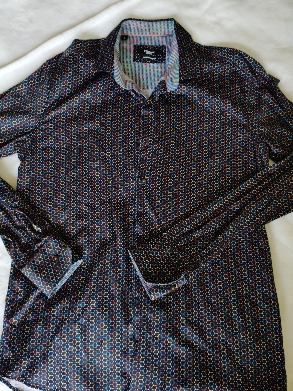 Mizumi Couture Men's Black Geometric Print Long-Sleeve Dress Shirt, Large